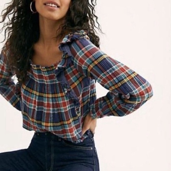 Free People Tops - We the FREE PEOPLE New Siena Plaid Pullover TOP Small Babydoll Teal Country $118